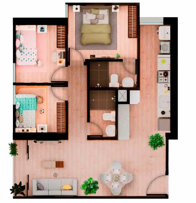 Plano de distribución de tipología X01, 63.90 m²