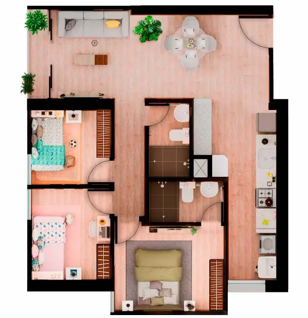 Plano de distribución de tipología X03, 64.20 m²